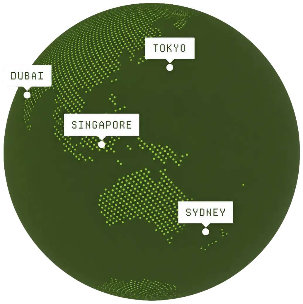 Dotted globe illustration with coaching hub pins in Dubai, Tokyo, Singapore and Sydney