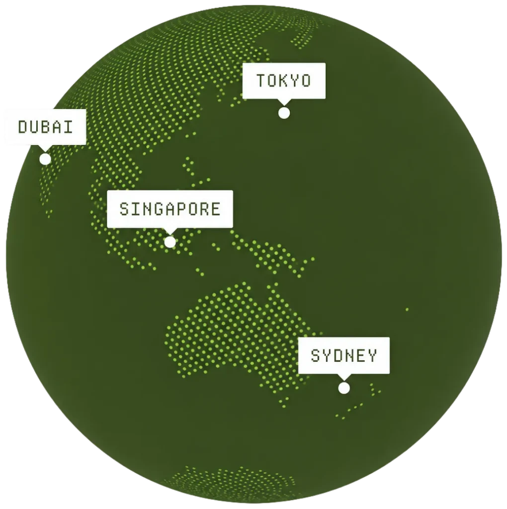 Dotted globe illustration with coaching hub pins in Dubai, Tokyo, Singapore and Sydney